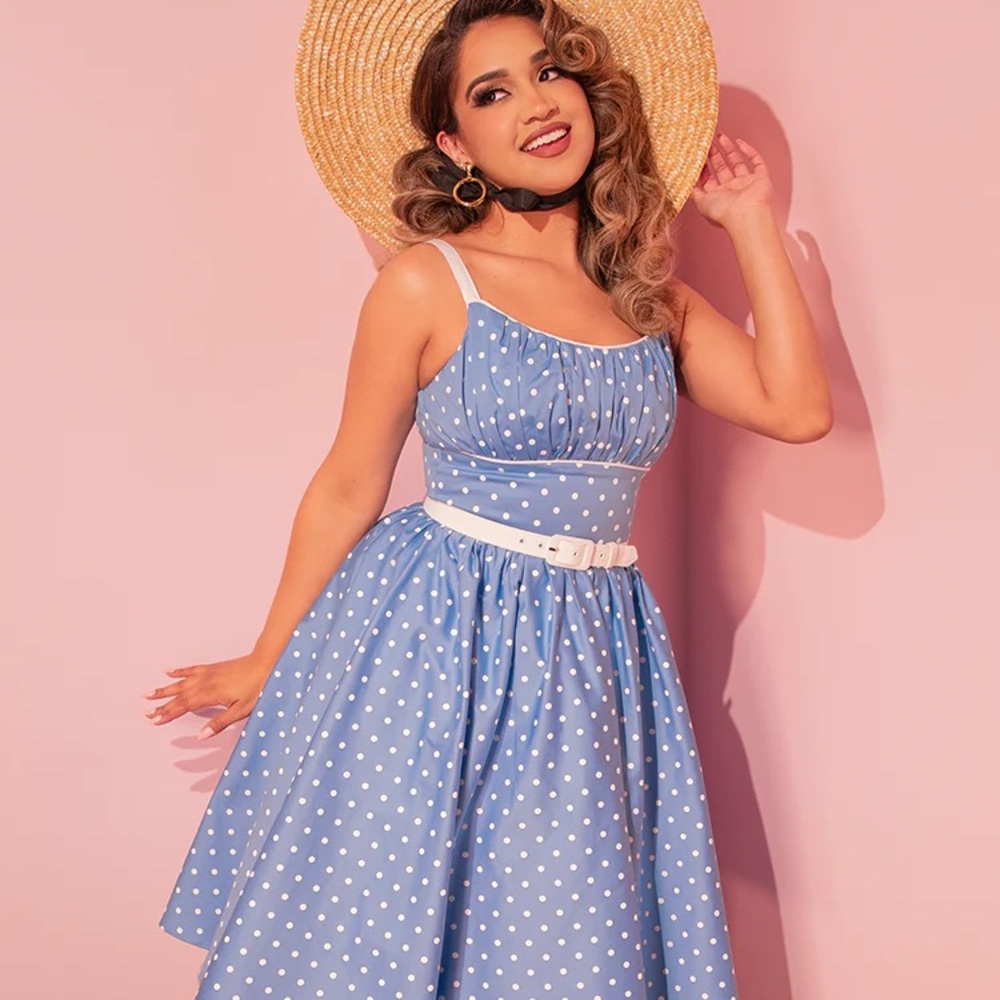 Vixen by Micheline Pitt Blue Ingenue Polka Dot Midi Dress